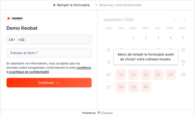 Page de réservation de démo KeoBat